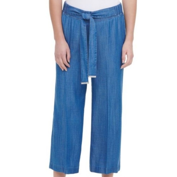 CALVIN KLEIN Lyocell Wide Leg Blue Crop Pants Size Medium - Picture 8 of 9